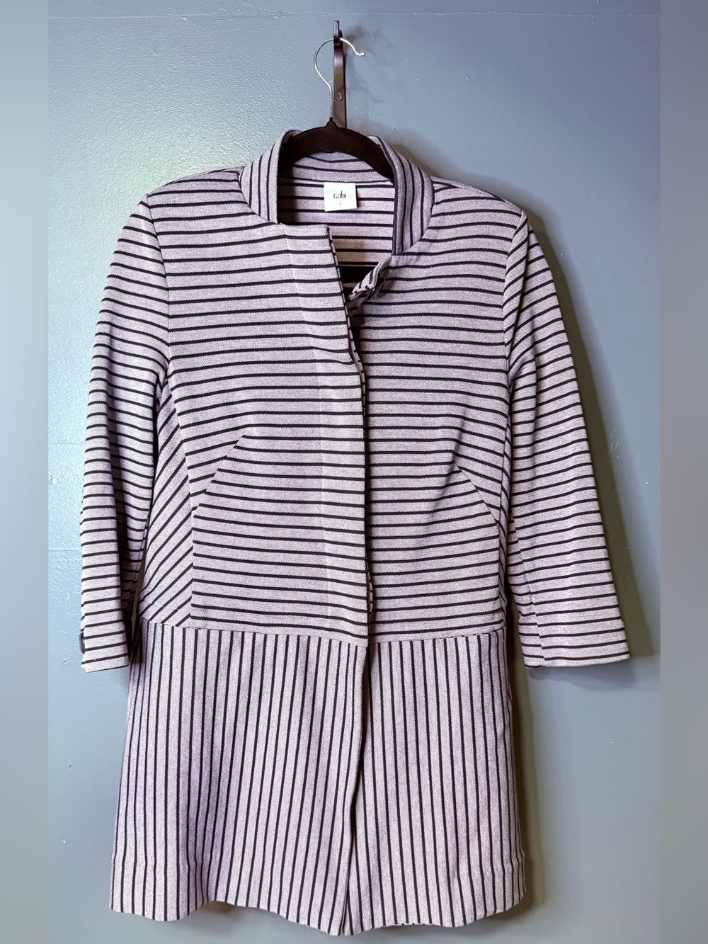 CABI- Striped Open-Front Coatigan in Light Pink and Black